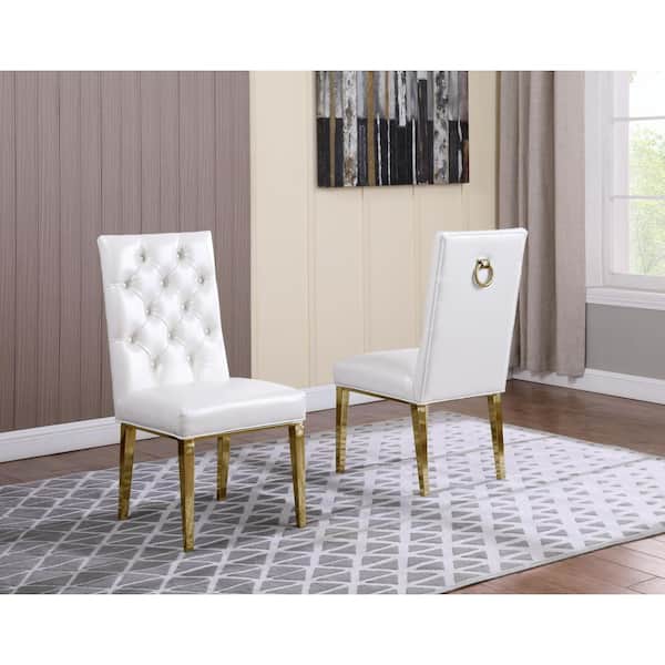 Best Quality Furniture Fed White Faux Leather Gold Chrome Legs Chairs (Set of 2)
