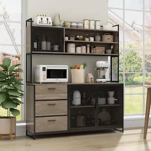 59 in. W Kitchen Light Brown Wood Buffet Sideboard Pantry Cabinet For Dining Room with Metal Mesh Doors, 3-Drawers
