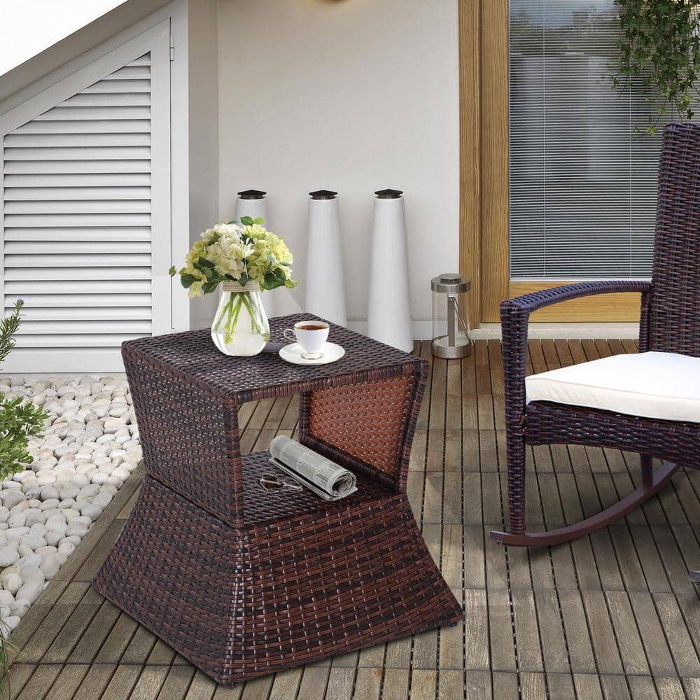 Brown Rattan Wicker Outdoor Side Table with Umbrella Hole