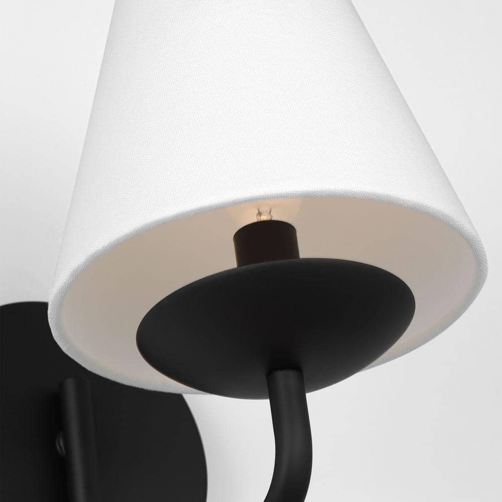 Midnight Black Steel Wall Sconce with White Linen Shade
