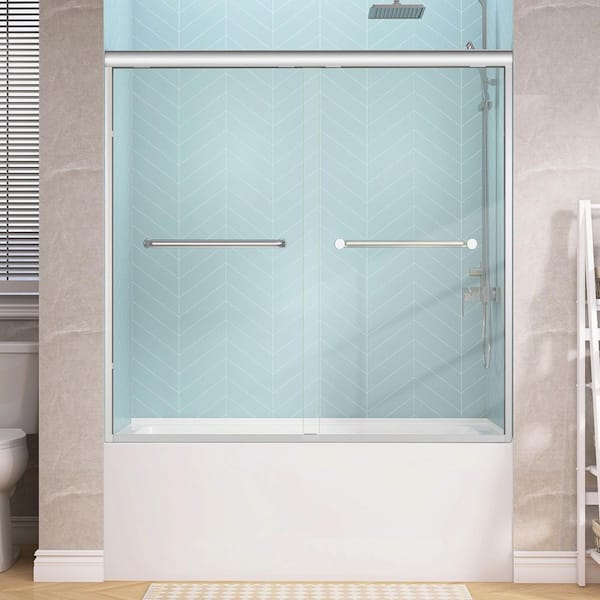 60 in. W x 58 in. H Double Sliding Semi-Frameless Tub Door Alcove Bathtub Door in Chrome with 1/4 in. Clear Glass