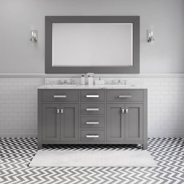 Water Creation 60 in. W x 21 in. D Vanity in Cashmere Grey with Marble Vanity Top in Carrara White, Mirror and Chrome Faucets