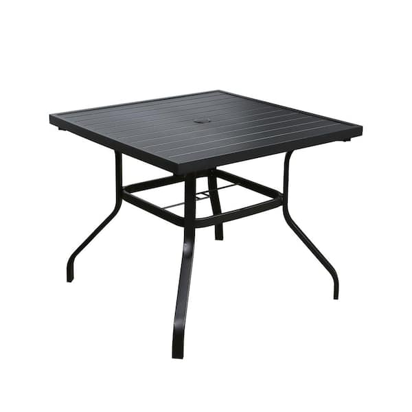 ULAX FURNITURE Square Metal Slatted Outdoor Dining Table with Umbrella Hole
