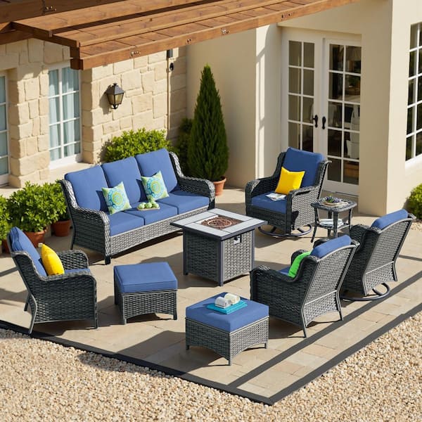 OVIOS New Kenard Gray 9-Piece Wicker Patio Fire Pit Conversation Set with Denim Blue Cushions and Swivel Rocking Chairs