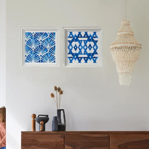Benjara White and Blue Wooden Framed Geometric Print Wall Art (Set of 2)