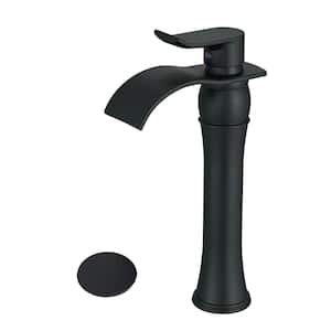 Tall Bathroom Vessel Sink Faucet, Waterfall Single Hole Single Handle Bathroom Faucet with Pop Up Drain in Matte Black