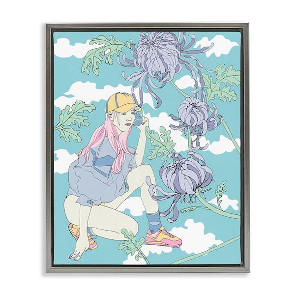 Stupell Industries Chrysanthemums and Workout Girl by Melissa Wang Gray Floater Frame People Graphic Art Print 21 in. x 17 in.