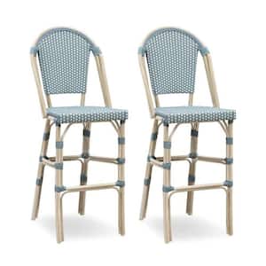 French Stackable Wicker Outdoor Bar Stools Bar Height in Light Blue (2-Pack)