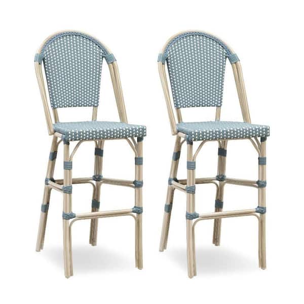 PURPLE LEAF French Stackable Wicker Outdoor Bar Stools Bar Height in Light Blue (2-Pack)