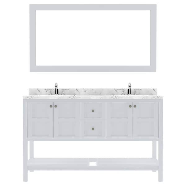 Virtu USA Winterfell 60 in. W x 22 in. D x 37 in. H Double Sink Bath Vanity in White with Quartz Top and Mirror