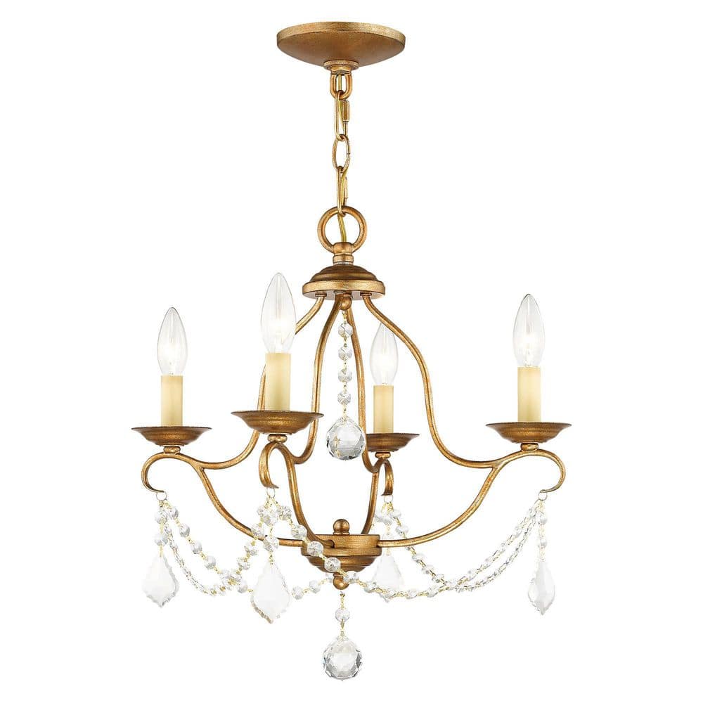 Antique Gold Leaf Brass Mini 4-Light Chandelier with Crystal Accents