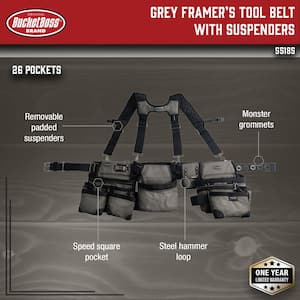 3-Bag Framer's Suspension Rig Work Tool Belt with Suspenders in Gray