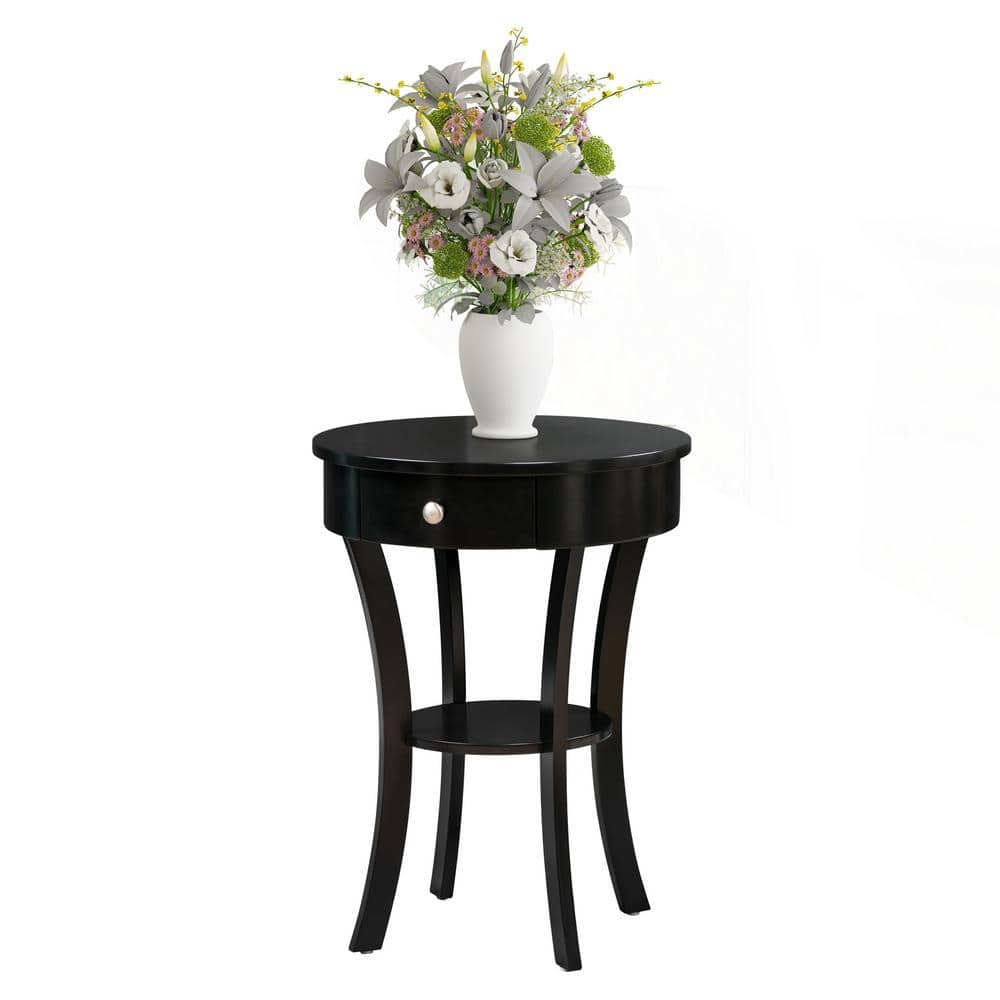 Elegant Schaffer Round Black Wood End Table with Storage