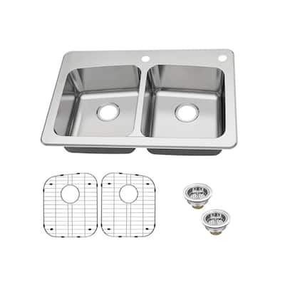 Dual Mount 18-Gauge Stainless Steel 33 in. 2-Hole 50/50 Double Bowl Kitchen Sink with Grid and Drain Assemblies