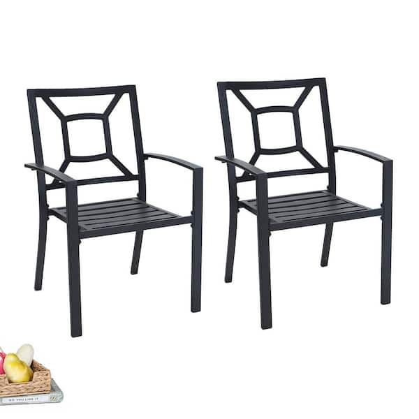 PHI VILLA Black Stackable Fashion Metal Patio Outdoor Dining Chair (2-Pack)