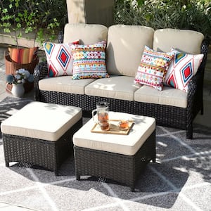 Joyoung Brown 3-Piece Wicker outdoor Patio Sectional Conversation Seating Set with Beige Cushions