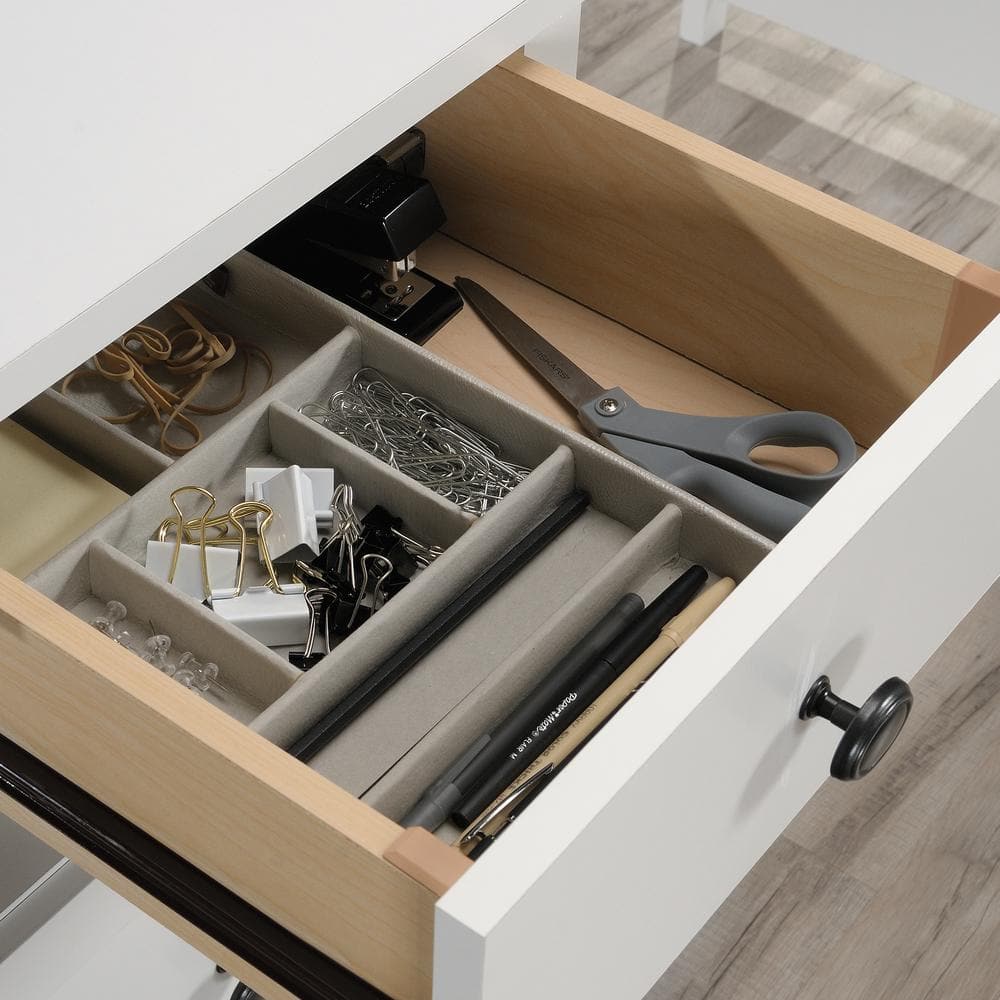 Soft White L-Shaped Executive Desk with Drawer and Filing Cabinet