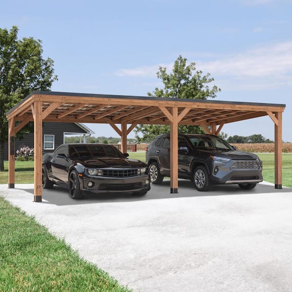 Arcadia 12 ft. x 24 ft. Light Brown Cedar Wood Outdoor Gazebo with Hardtop Steel Slope Roof and PowerPort