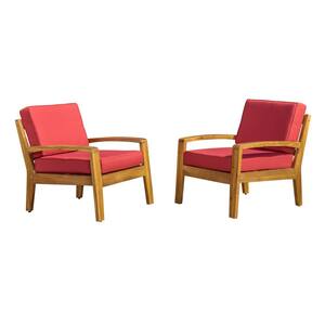 Teak Finish Wood Outdoor Patio Lounge Chairs with Red Cushion (2-Pack)