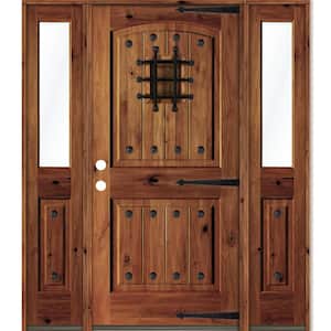 58 in. x 80 in. Medit. Knotty Alder Right-Hand/Inswing Clear Glass Red Chestnut Stain Wood Prehung Front Door w/DHSL