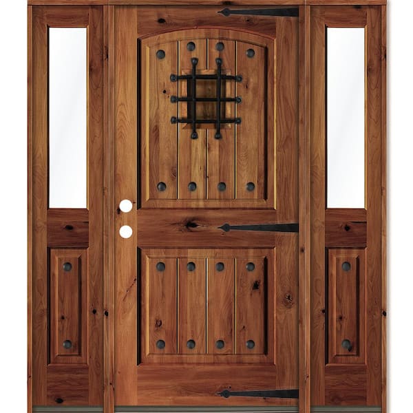 Krosswood Doors 60 in. x 80 in. Medit. Knotty Alder Right-Hand/Inswing Clear Glass Red Chestnut Stain Wood Prehung Front Door w/DHSL