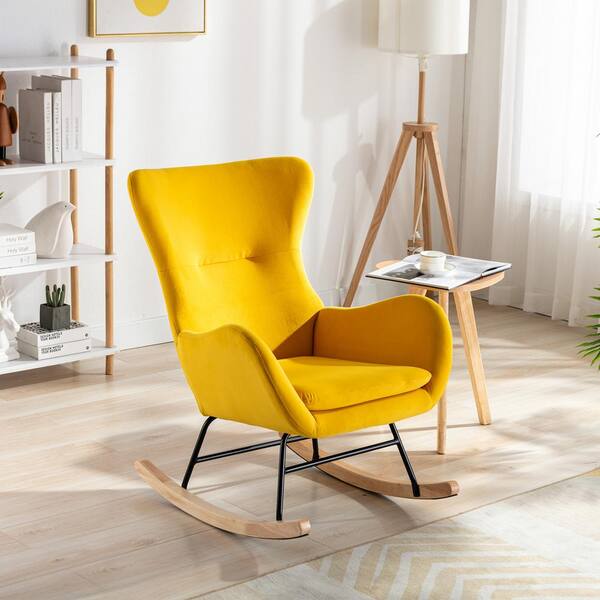 yellow upholstered rocking chair