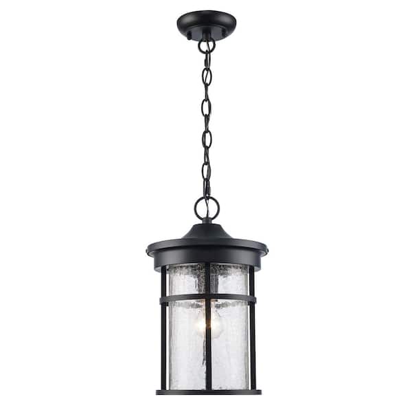 Bel Air Lighting Avalon 9 in. 1-Light Black Hanging Outdoor Pendant Light Fixture with Crackled Glass