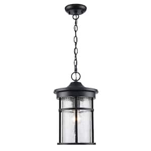 Avalon 9 in. 1-Light Black Hanging Outdoor Pendant Light Fixture with Crackled Glass