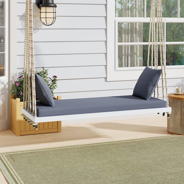 2-Person White Wood Porch Swing Bench with Gray Cushion and 10.8 Ft Hemp Ropes for Garden
