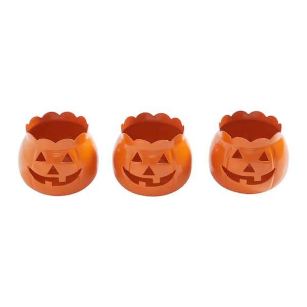3 in. Orange Jack-O-Lantern Halloween Candle Holder (Set of 3)