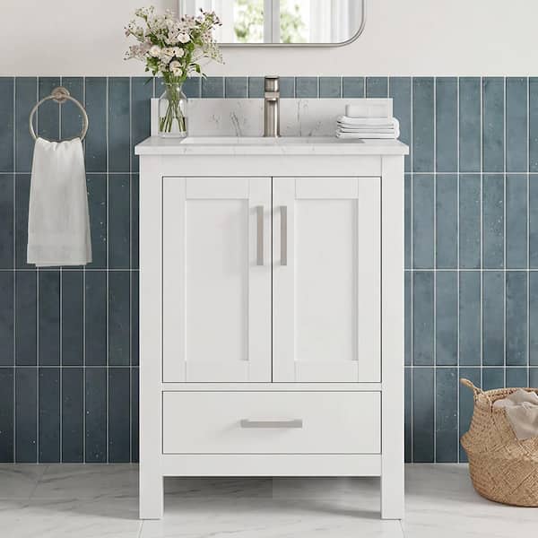 Aeterna 24 in. W x 22 in. D x 34 in. H Single Sink Freestanding Bath Vanity in White with Cultured Marble Top