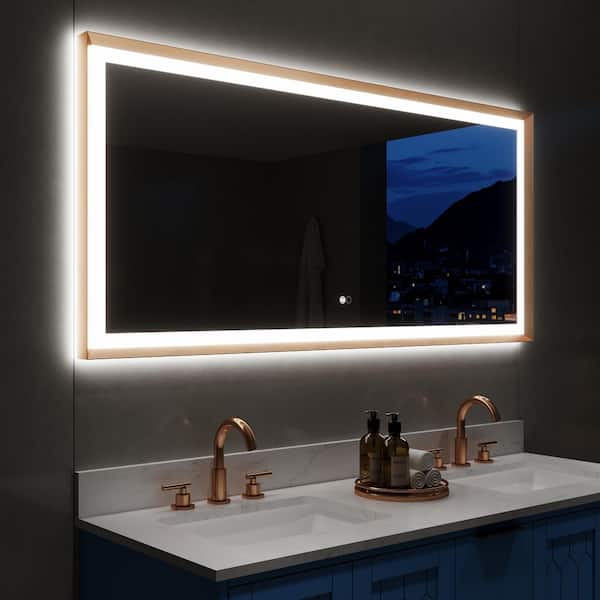 ANGELES HOME 60 in. W x 28 in. H Rectangular Framed Slope Dimmable Backlit Front LED Bathroom Vanity Mirror w/ Light in Brushed Gold