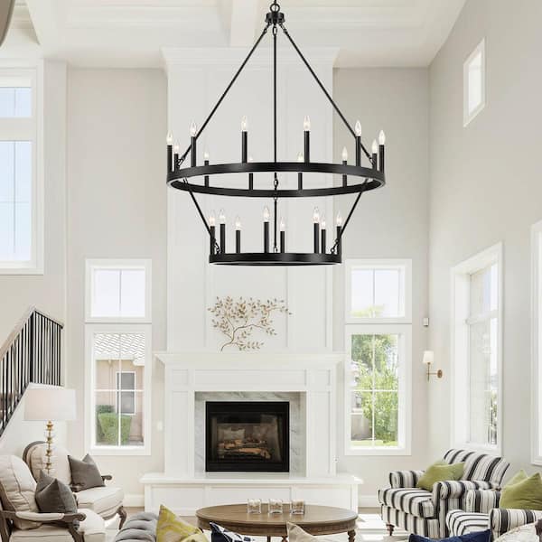 Williston 40 in. 20-Light Black Candle Style Wagon Wheel Chandelier