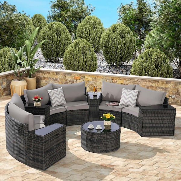 11-Piece Gray Wicker Outdoor Half-Moon Sectional Set with Gray Cushions Tempered Glass Round Coffee Table