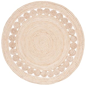 Natural Fiber Beige/Ivory Doormat 3 ft. x 3 ft. Border Woven Round Area Rug