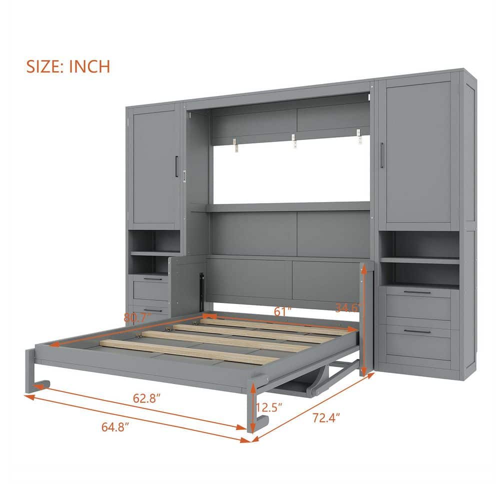 Gray Wood Frame Queen Size Murphy Bed with Closet, Drawers and Shelves - thumbnail 9