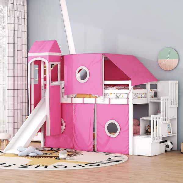 Harper & Bright Designs Pink Twin Size Wood Loft Bed with Tent, Tower, Slide and Storage Staircase
