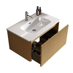 ENYA 30 in. W. x 18.3 in. D x 15.6 in. H Single Sink Floating Bath Vanity in Natural Oak with White Ceramic Top