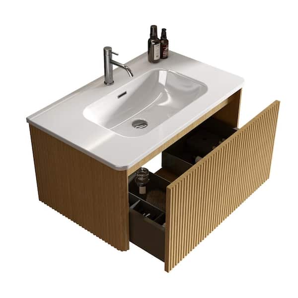 INSTER ENYA 30 in. W. x 18.3 in. D x 15.6 in. H Single Sink Floating Bath Vanity in Natural Oak with White Ceramic Top