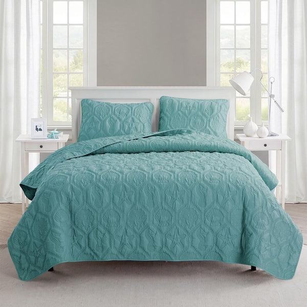 3-Piece Blue Shore Embossed Microfiber King Size Quilt Set