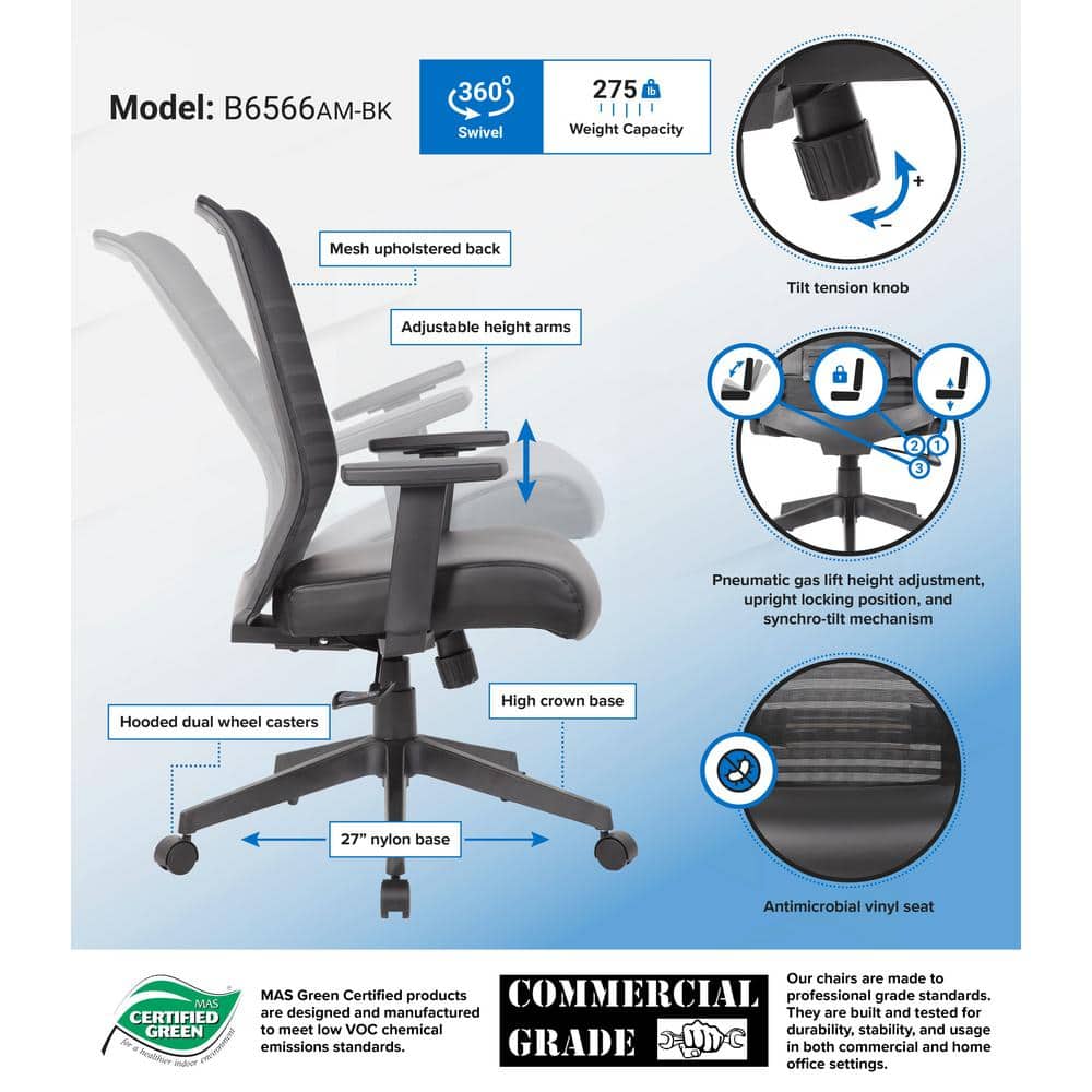 Black Ergonomic Mesh Back Vinyl Task Chair with Adjustable Arms