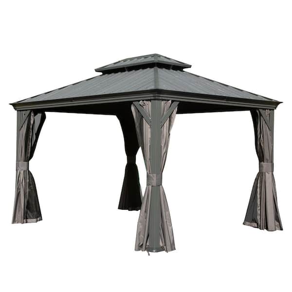 10 ft. x 12 ft. Gray Upgraded Metal Hardtop Gazebo with Drainage System, Dual-Layer Roof, Curtain and Netting
