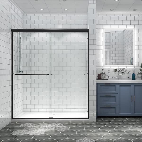 Amucolo 60 in. W x 70 in. H Sliding Semi-Frameless Shower Door in Black with Handle