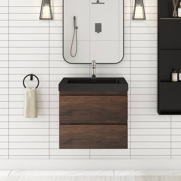 JimsMaison 24 in. W x 19.5 in. D x 20.5 in. H Wall-Mounted Bath Vanity in Rose Wood with Black Quartz Top