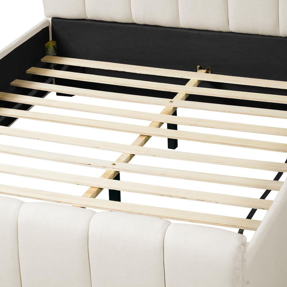 Bastin Beige Linen Fabric Upholstered Wood Frame King Size Platform Bed with Pipes Tufted Thick Headboard - thumbnail 6