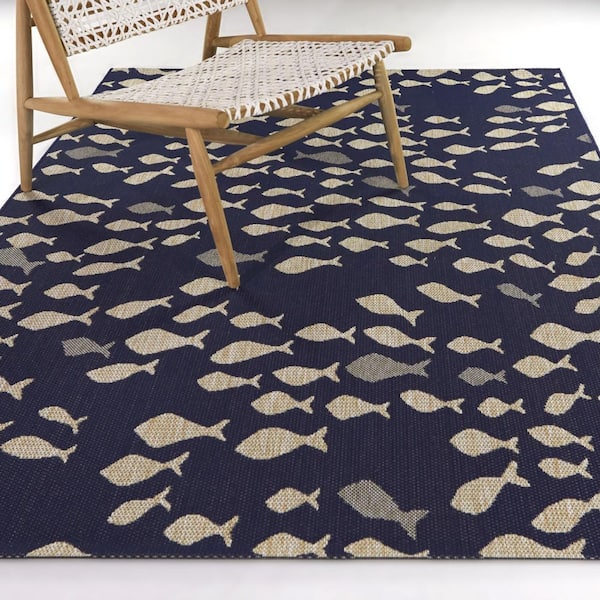 Holbrook Navy Blue 8 ft. x 10 ft. Fish Pool Indoor/Outdoor Area Rug