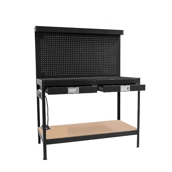 2-Tier Metal Garage Workbench with 2 Drawers, Pegboard, Power Outlet, Storage Shelf for Workshop,Organization,Home,Shop
