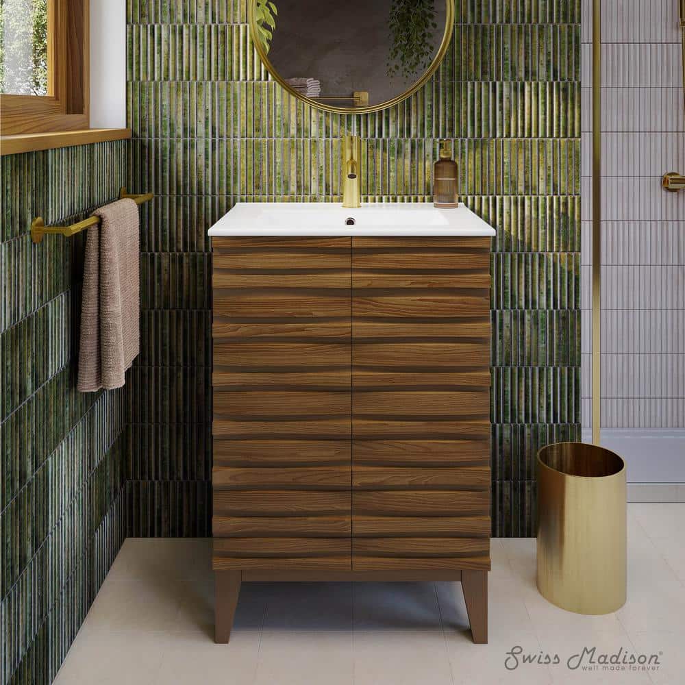 Cascade 24" Brown Oak Freestanding Bathroom Vanity with White Ceramic Top