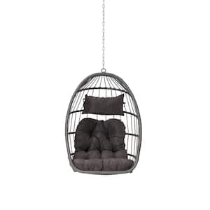 Outdoor Patio Gray Rattan Egg Swing Chair Hanging Chair with Dark Gray Cushion