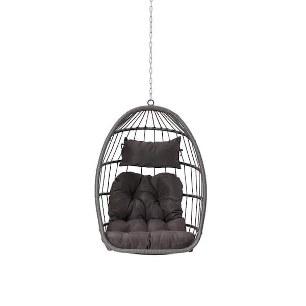 Boosicavelly Outdoor Patio Gray Rattan Egg Swing Chair Hanging Chair with Dark Gray Cushion